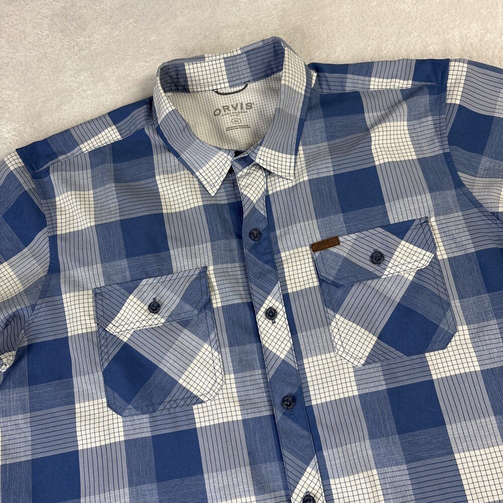 Orvis Short Sleeve Button Up Shirt Mens XL Blue White Double Pocket Outdoor